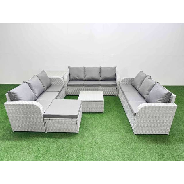 PE Rattan Lounge Sofa Set 10 Seater Outdoor Garden Furniture Set with Square Coffee Table 3 Seater Sofa Big Footstool Side Table Light Grey - One Size