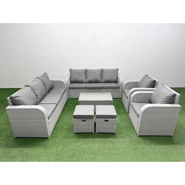 Pe Rattan High Back Lounge Sofa Set Patio Coffee Table & Chairs Set with 3 Seater Sofa Reclining Chair Stools Light Grey - Fimous