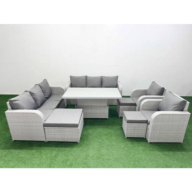 Pe Rattan High Back Lounge Sofa Set Patio Adjustable Lifting Dining or Coffee Table & Chairs Set with 3 Seater Sofa Reclining Chair 3 Stools Light