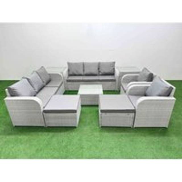 PE Rattan High Back Lounge Sofa Set Patio Square Coffee Table & Chairs Set with 3 Seater Sofa Reclining Chair 2 Big Footstool 2 Side Table Light Grey - One Size