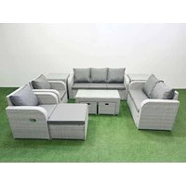 Fimous PE Rattan Garden Furniture Set Adjustable Chair Sofa Double Love Seat 2 Seater Sofa Lounge Set 3 Stools 2 Side Table Light Grey