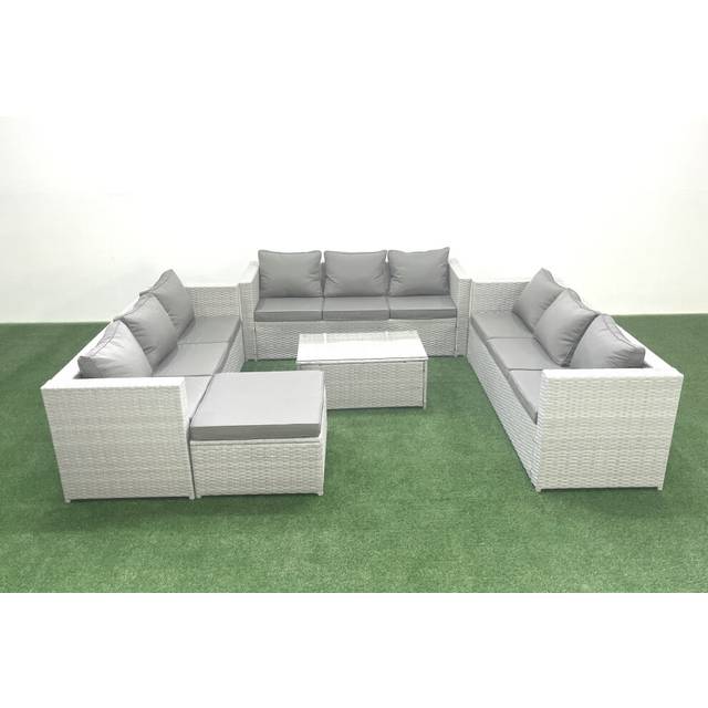 Rattan Garden Outdoor Furniture Set 10 Seater Garden Sofa Coffee Table Set with Big Footstool Light Grey Mixed - Fimous
