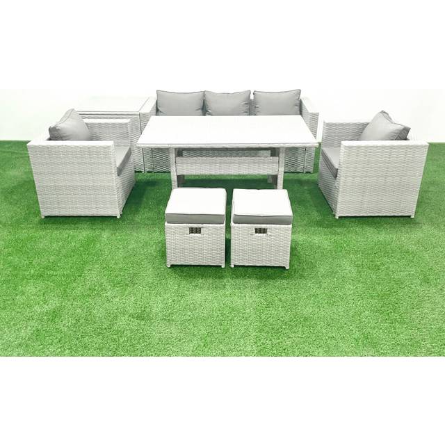 Fimous Garden Dining Set Outdoor Rattan Furniture Set with Sofa Dining Table 2 Chairs 2 Small Footstools Side Table Light Grey Mixed