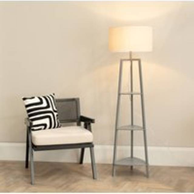 ValueLights Hiru 3 Shelf White Edge Shade Grey Wooden LED Floor Lamp