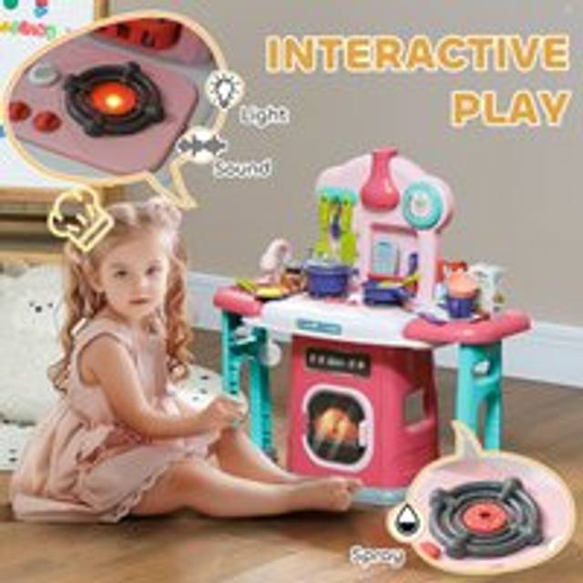 Aiyaplay Toy Kitchen, 45 Pieces Kids Kitchen With Rotating Side Tables, Toddler Pretend Role Play Kitchen With Light, Sounds, Spray Effect For Childre