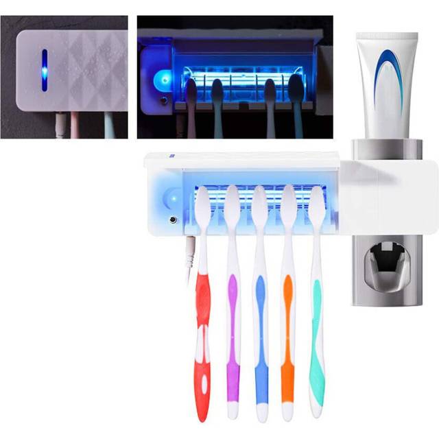 (US Plug) Wall Mounted Toothbrush Holder Sterilizer Toothpaste Dispenser