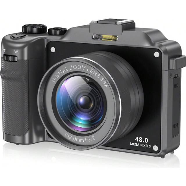 (Grey) 4K Digital Camera 48MP, Anti-Shake, 18X Zoom, WiFi, Autofocus, Compact Vlogging Camera with TF Card, 2 Batteries