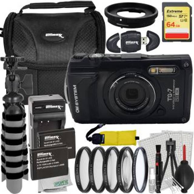 OM SYSTEM Tough TG-7 Digital Camera Bundle Black - Includes: 64GB Extreme Memory Card 2x Replacement Batteries & More 25pc Bundle