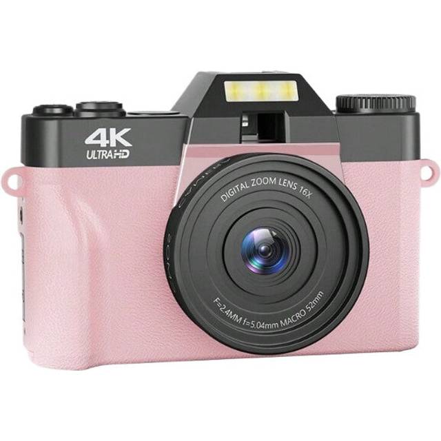 "(Pink) 4K 56MP Vlogging Camera for Beginners with 3.0"" Flip Screen, 16X Zoom, Auto Focus, 32GB Card"