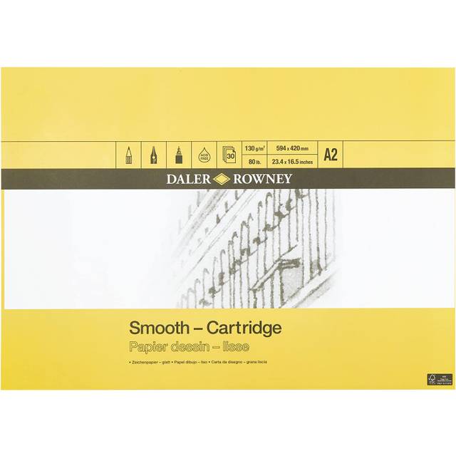 Daler-Rowney Smooth 130gsm A2 Cartridge Drawing Paper, Glued 1 Side, Acid-free, 30 Natural White Sheets, Ideal for Professional Artists & Students