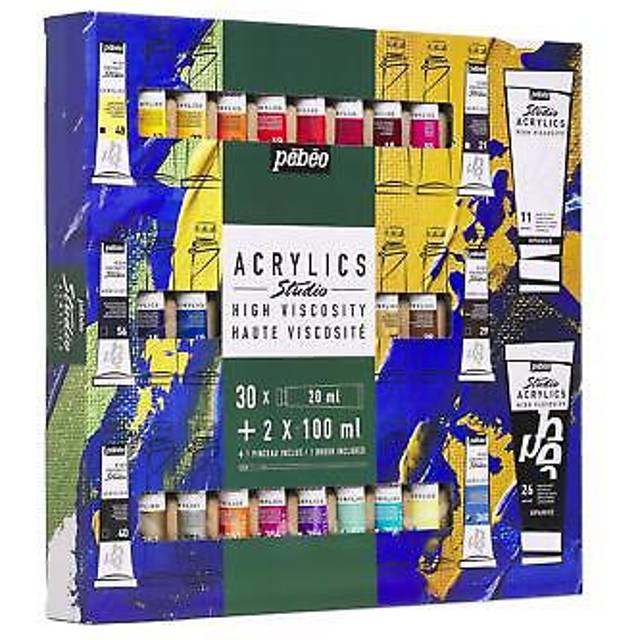 Pebeo Studio High Viscosity Acrylics Set 30 x 20ml Tubes with Brush + 2 x 100ml Tubes