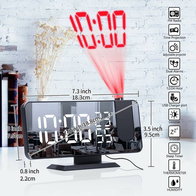 Projektionsv&#xE4;ckarklocka elektronisk usb smart hem fuktighet display skrivbordsdekoration fm radio tid projektor led digital v&#xE4;ckning - Svart