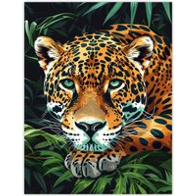Resting Jaguar In Lush Jungle Animal Portrait Wall Art Print - Green - W12 inch x H16 inch