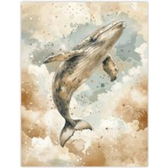Wall Art Print Whale Cloud Jumping Swimming Blue Tan Watercolour Poster - Beige - W18 inch x H24 inch