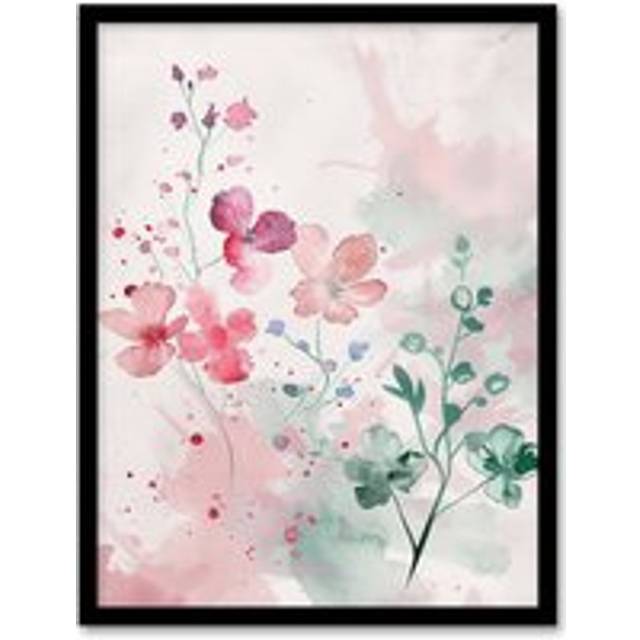 Pretty Light Geranium Flowers Pastel Watercolour Framed Art Print - Pink - W12 inch x H16 inch
