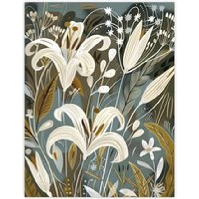 White Lilies Flower Blooms Floral Artwork Wall Art Print - Grey - W12 inch x H16 inch