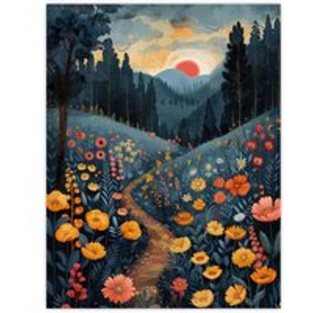 Wall Art Print Wildflower Path at Sunset Floral Nature Landscape Poster - Blue - W12 inch x H16 inch