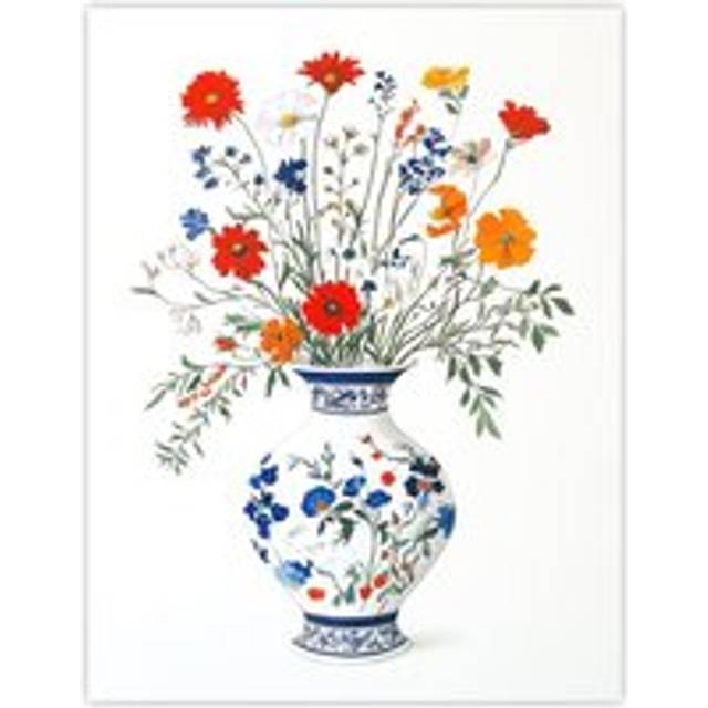 Colourful Wildflower Bouquet Floral Pattern Vase Wall Art Print - Blue - W12 inch x H16 inch