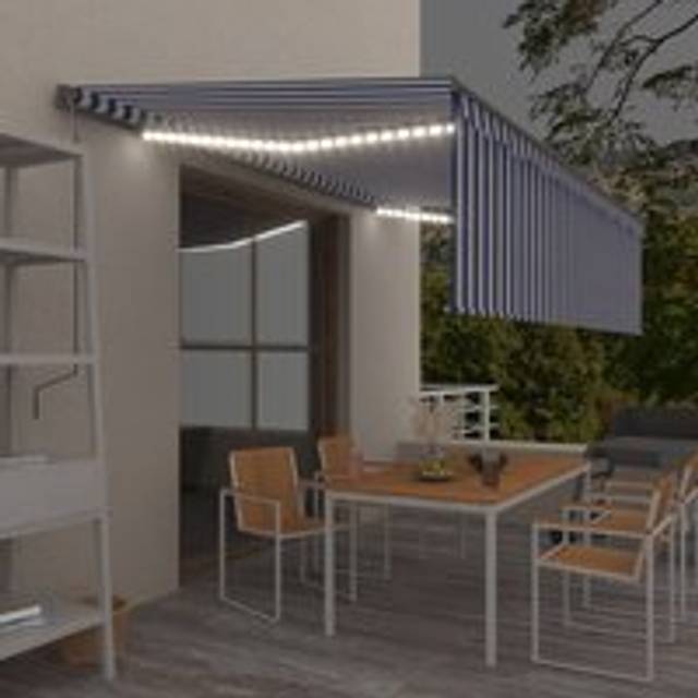 Manual Retractable Awning with Blind&LED 5x3m Blue&White - One Size