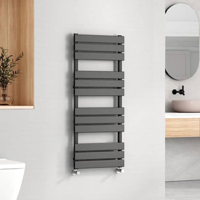 EMKE Central Heating Towel Rails Black Flat Panel Heated Towel Rail Radiator Ladder for Bathroom Kitchen 1200 x 500 mm