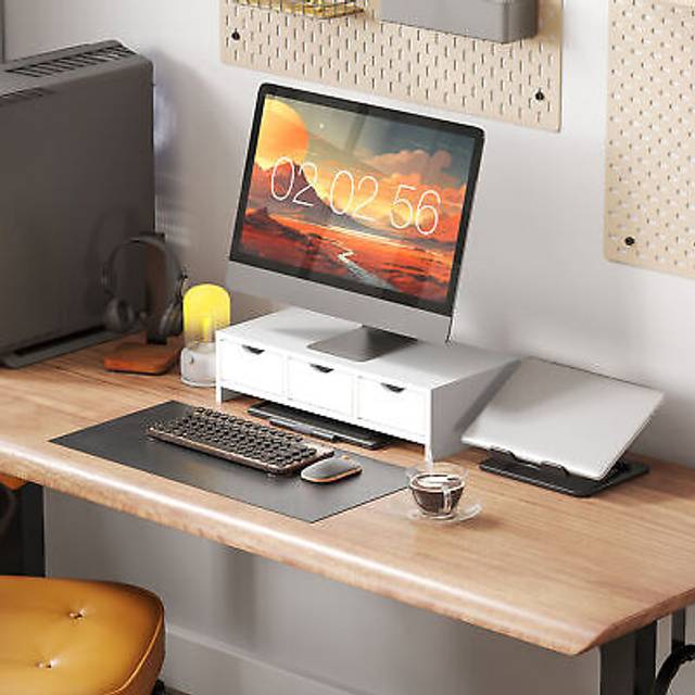 HOMCOM HOMCOM Monitor Stand Riser With 3 Drawers, Monitor Riser For Laptop, Computer, PC, Small Printer, 51 X 24 X 13cm, White