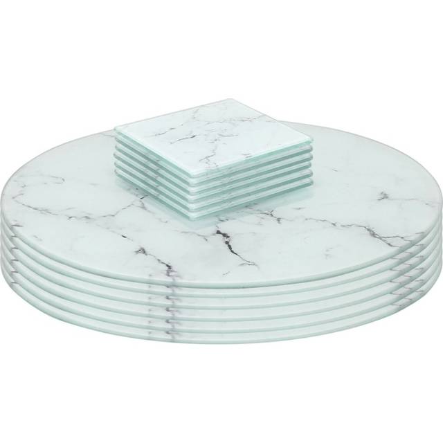 12pc Rectangle Glass Placemats & Round Coasters Set - 30cm x 20cm - Marble - White Marble