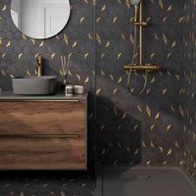 Natural Black Marble Gold Mix Hexagonal Mosaic Wall & Floor Tile – 278mm x 337mm