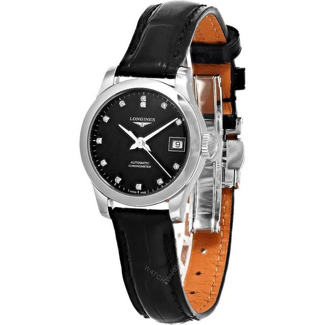 LONGINES Record Automatic 26MM 12 Diamond Leather Women's Watch L2.320.4.57.2 / L23204572 - Black - 26 mm