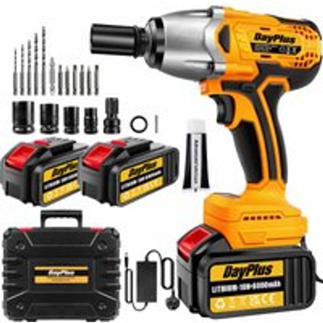 Dayplus - 1800Nm Cordless Electric Impact Wrench 1/2'' High Power Driver +2 Li-ion Battery