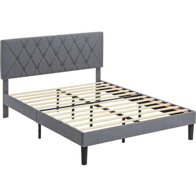 HOMCOM Bed Frame with 5-Level Adjustable Linen Headboard - Double | TJ Hughes Grey