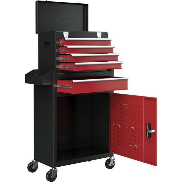 Rullbart Verktygsskåp Robust Låsbart Metall Svart Rött