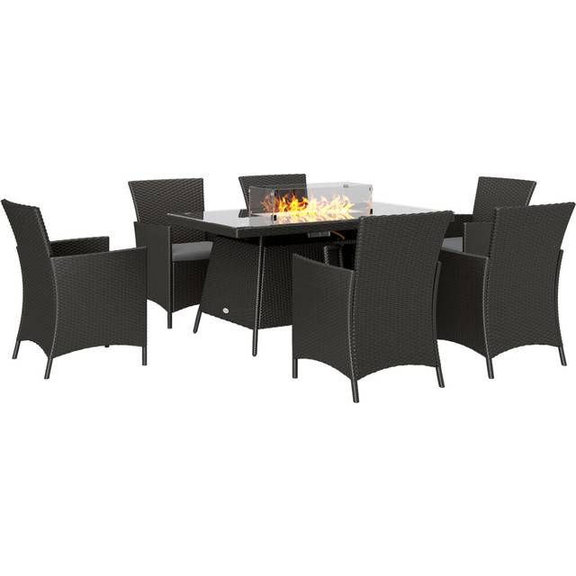 Outsunny Rattan Dining Set with Fire Pit Table and Armchairs, Black