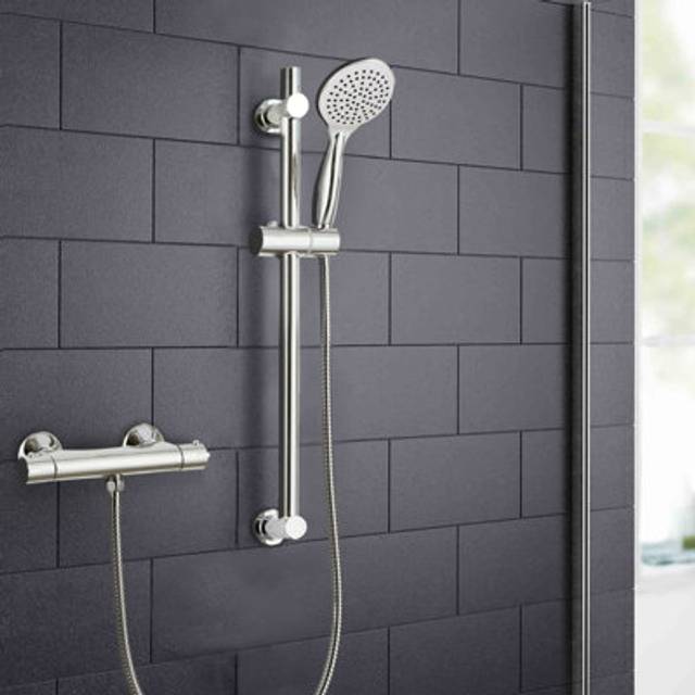 Round Chrome Thermostatic Shower Mixer Bar Valve & Riser Rail + Hose + Head