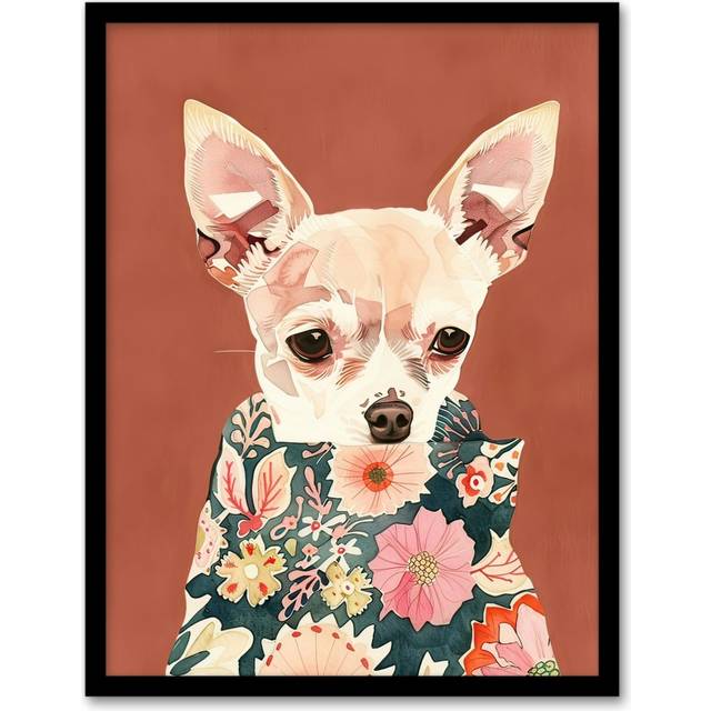 Chihuahua With Floral Coat Dog Lover Watercolour Framed Wall Art - Red - A4