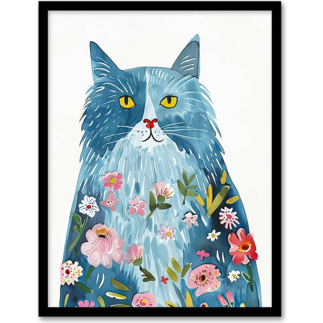 Smiling Blue Cat with Flowers in Fur Watercolour Framed Wall Art - A4