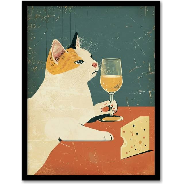 Wall Art Print Cat Drinking Glass of Wine with Cheese Painting Art Framed Poster - Black - W12 inch x H16 inch