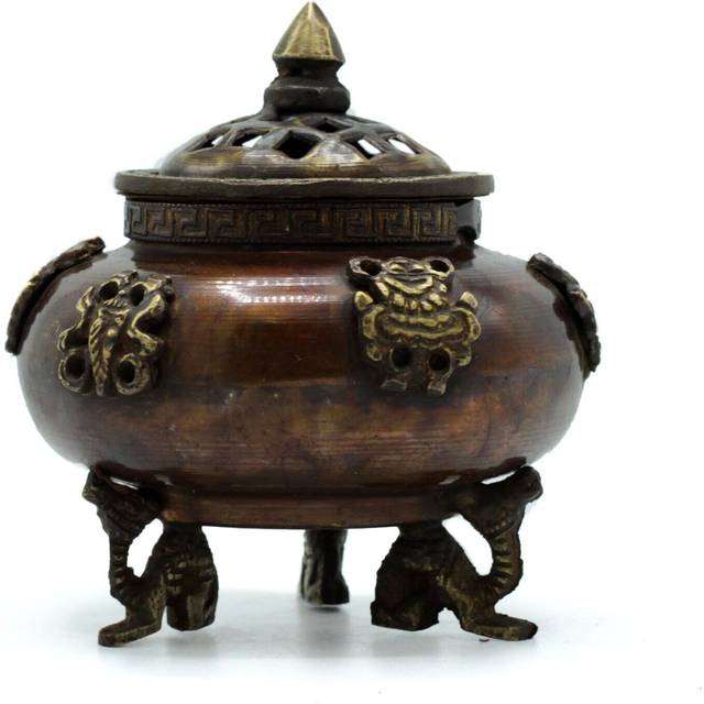 Brass Tibetan Incense Burner - Six Symbols Standing Pot