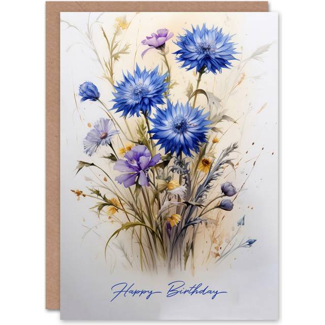 Birthday Greeting Card Blue Cornflower Wildflower Bouquet For Her