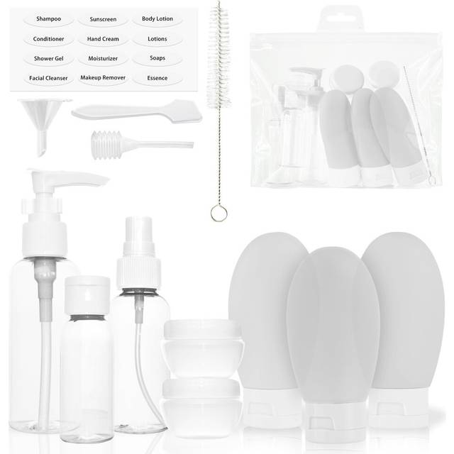 Travel Accessories [14 pcs.] - Refillable Bottles/Containers for Cosmetics & Liquids - Airplane Approved - Empty Flight Essentials for Luggage