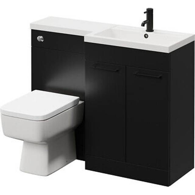 Napoli 390 Combination Vanity Unit Toilet Suite with Right Hand L Shaped 1 Tap Hole Basin and 2 Doors with Handles | Matt Black | ABS Polished Chrome | 1100mm