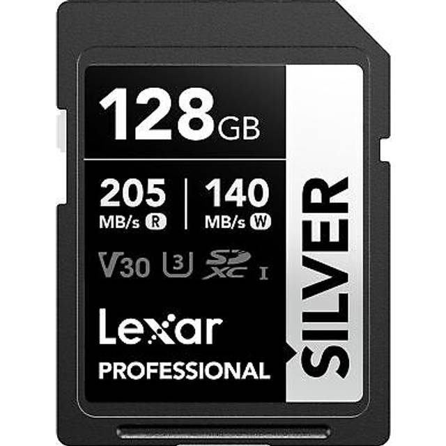 128GB SD Card SILVER, Up to 205MB/s Read, 140MB/s Write, SDXC UHS-I Memory Card, Class 10, U3, V30, SD Card for Professional Photographers,