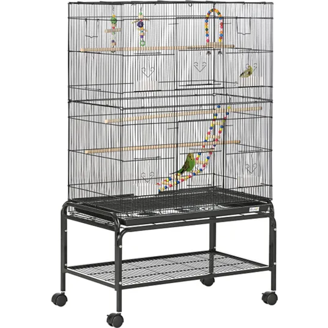 PawHut Bird Cage, with Stand, Wheels, Toys, for Budgies, Finches, Parakeets, Black