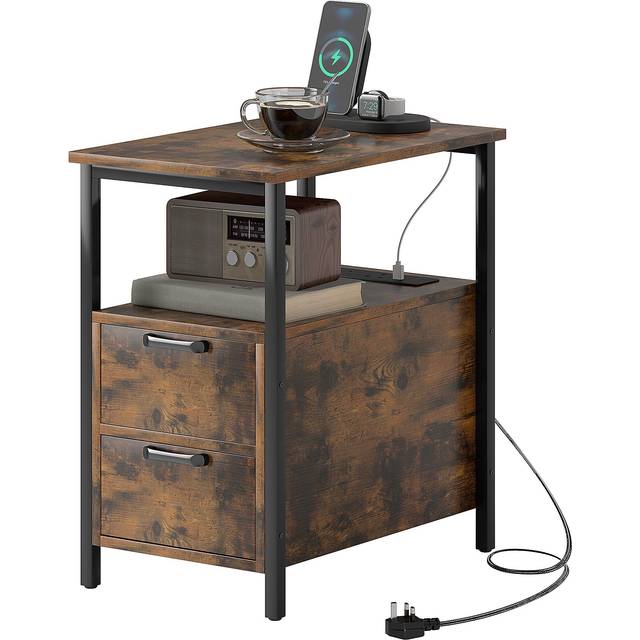 HOMCOM Bedside Table with Charging Station for Living Room - Rustic Brown | TJ Hughes