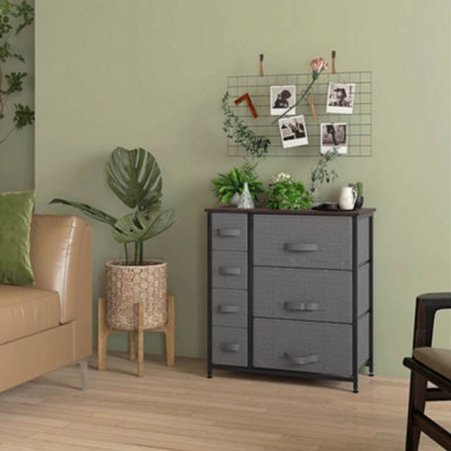HOMCOM Chest of Seven Fabric Drawers with Metal Frame and Adjustable Feet - Dark Grey, Grey