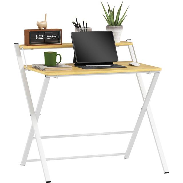 HOMCOM Folding Desk with 2-Tier Shelf for Home Office - Maple Wood-effect | TJ Hughes