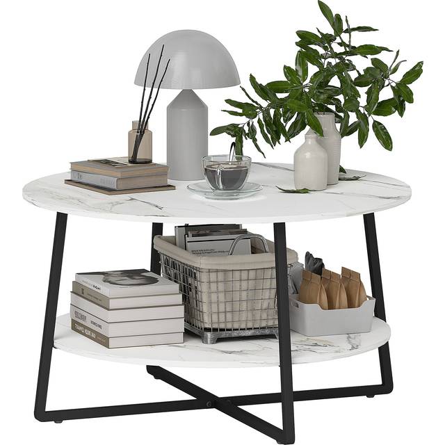 HOMCOM Round Coffee Table with Storage Shelf and Marble Effect Top - White | TJ Hughes