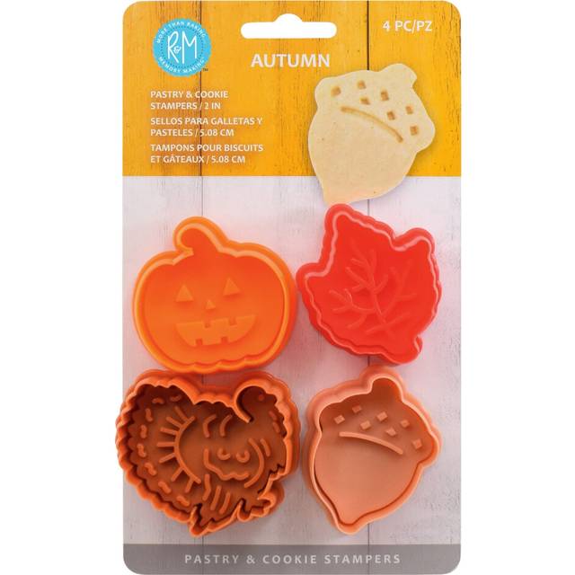 RM Autumn Theam Pastry  Cookie Stamper set of 4 Assorted Designs  Colors  Turkey  Acorn  Pumpkin  Oak leaf 2 Inch Assorted