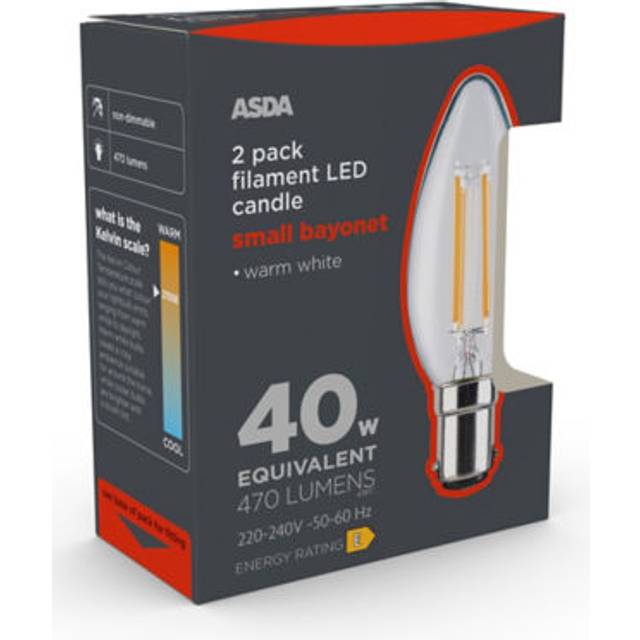 ASDA LED Filament Candle 40W Small Bayonet Clear Lightbulb