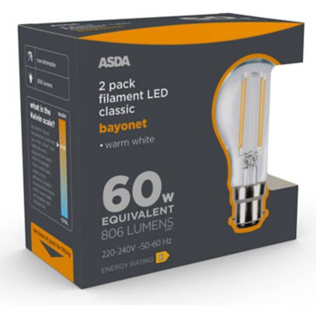 ASDA LED Filament Classic 60W Large Bayonet Clear Lightbulb