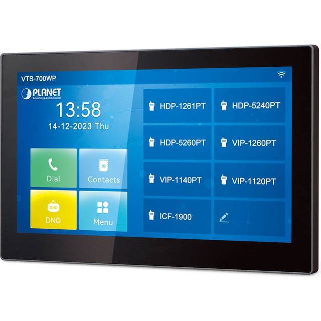 7-inch SIP Indoor Touch Screen PoE Video Intercom with Built-in Wi-Fi, IETF SIP 2.0, HD/Opus Audio, 1080p@30fps, H.264 Video, PoE, 8 alarm input, Hardware AEC, built-in 2.4G/5GHz Wi-Fi, QoS, STUN, VPN, TLS, Caller ID, 5-Way Conference, Auto Provisio
